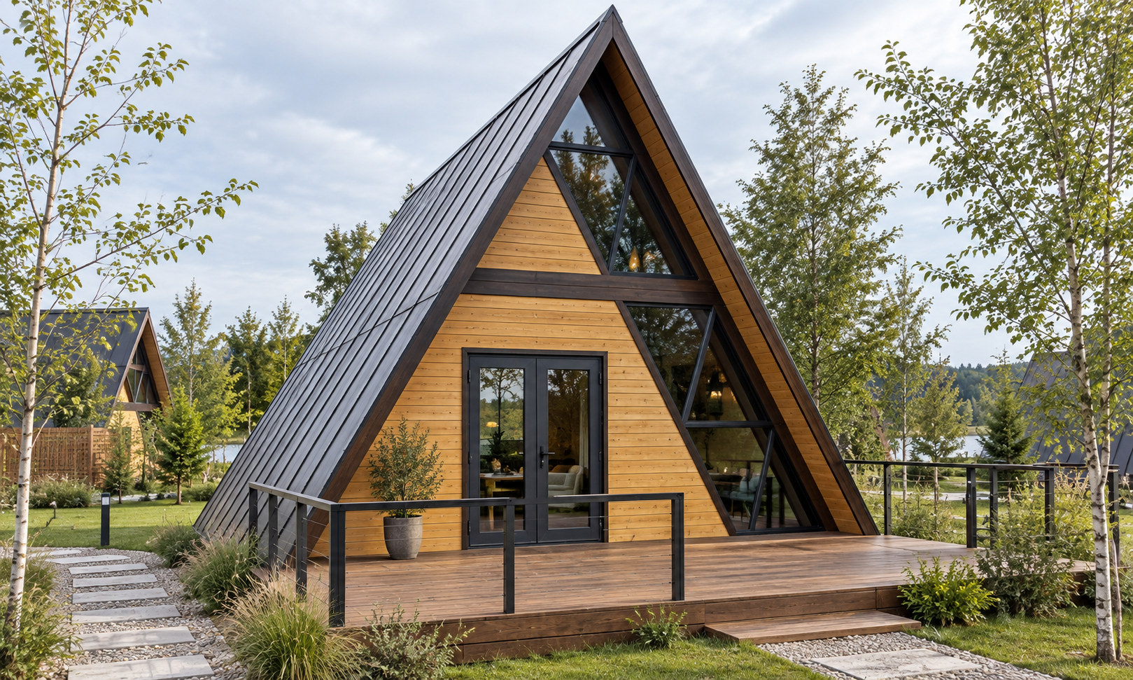 A-frame cabin entrance and deck visual reference