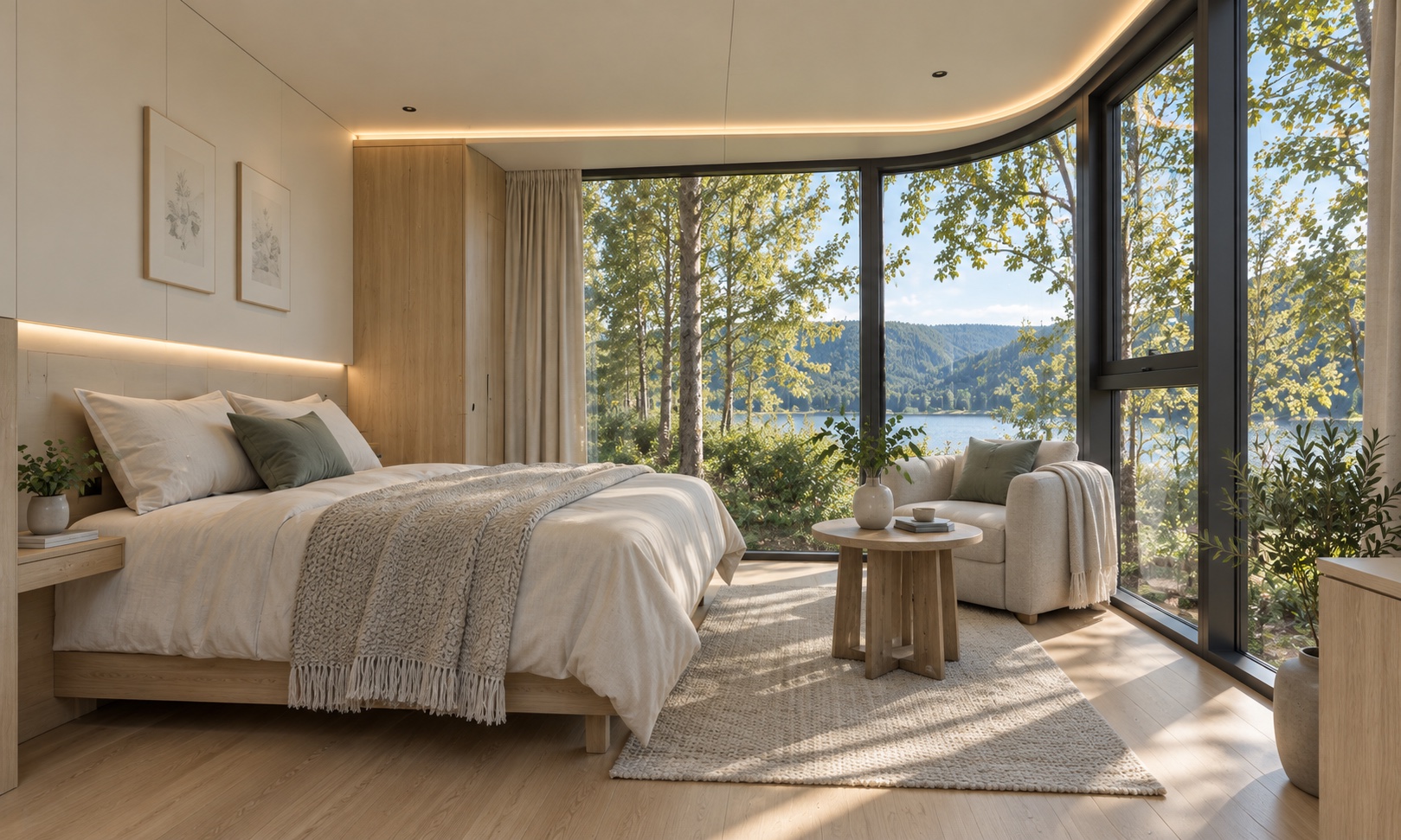 Apple cabin interior visual reference with curved panoramic glazing