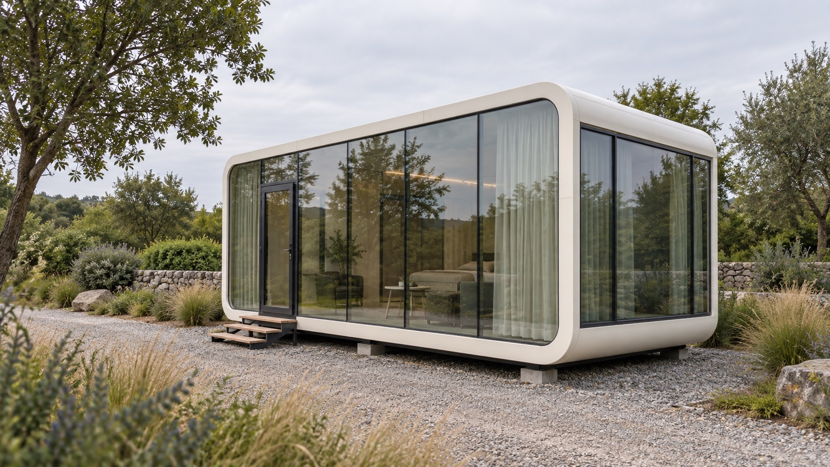 Rounded apple cabin visual reference with broad glazed frontage