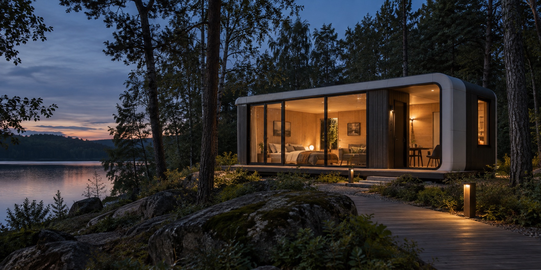 Warm modular hospitality cabin beside a wooded lake, visual reference