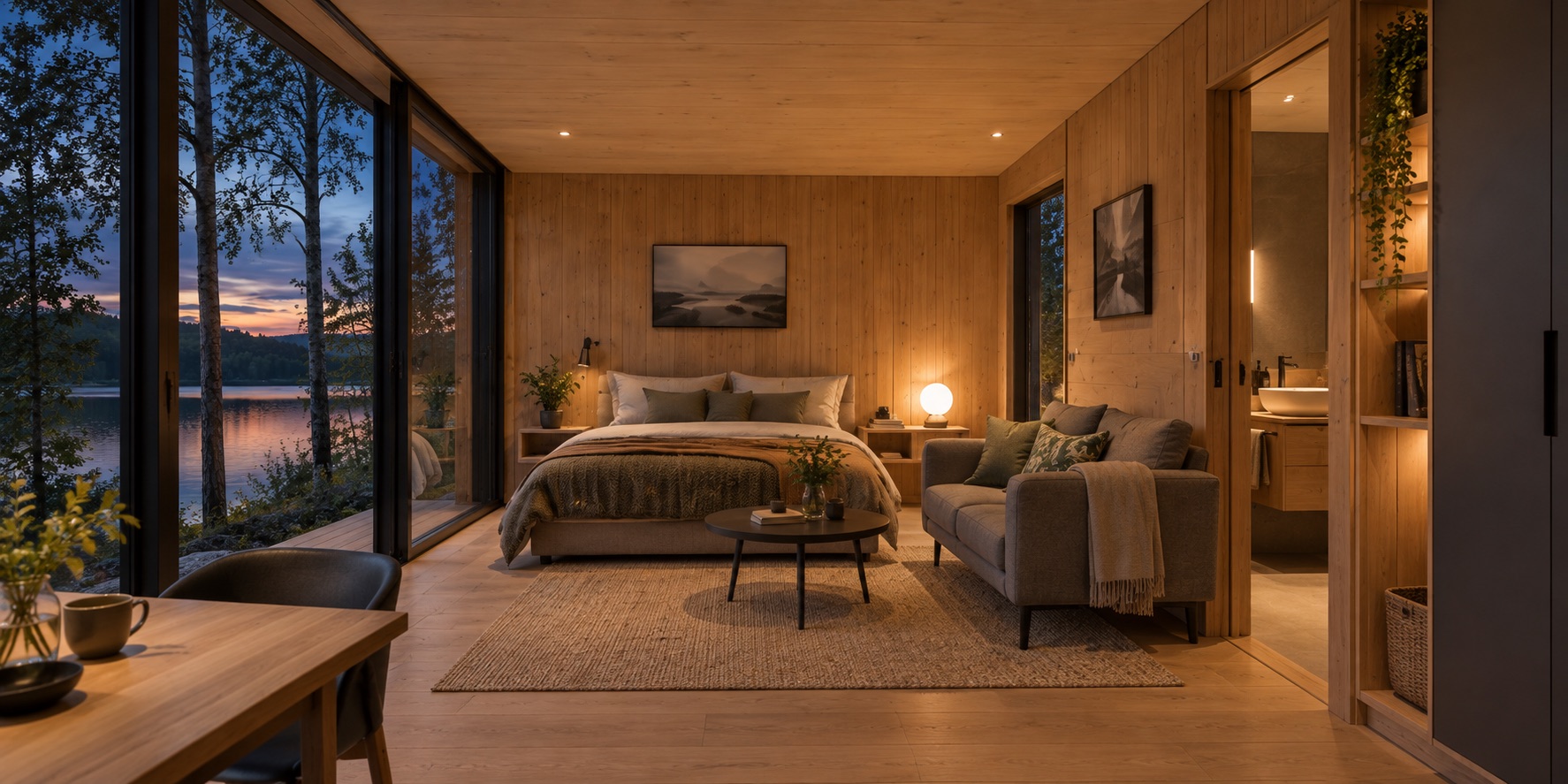 Warm timber guest-room interior inside a modular cabin, visual reference
