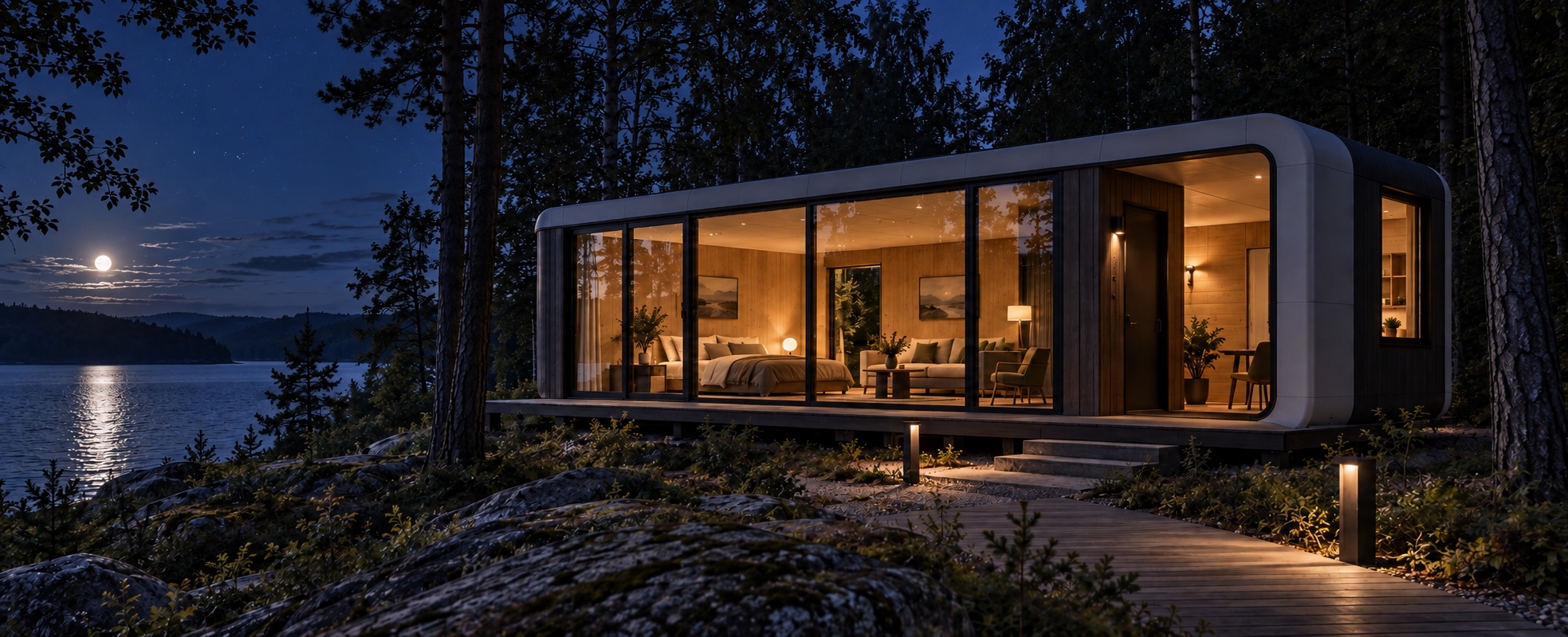 Panoramic apple cabin night visual reference