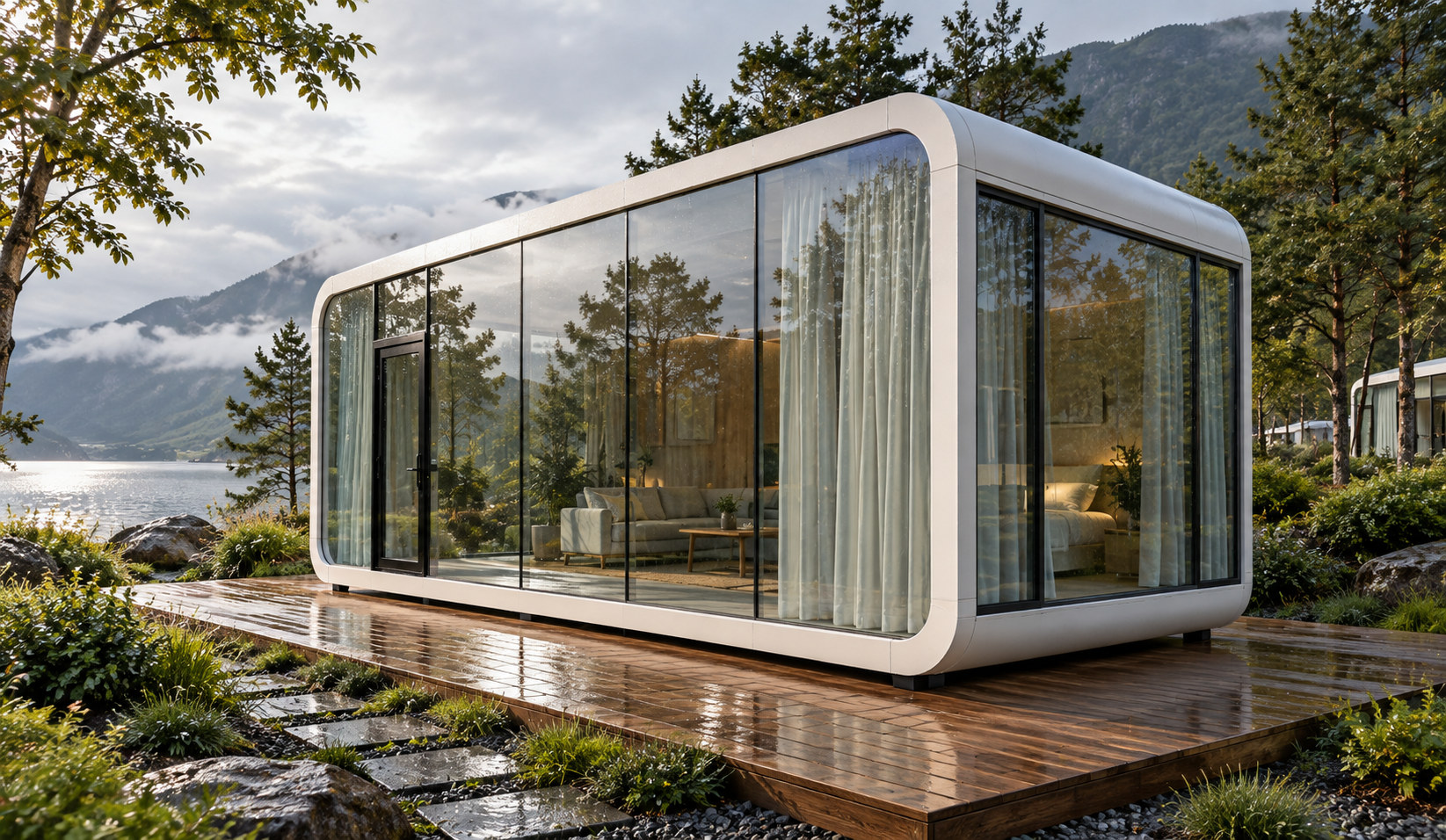 Panoramic apple cabin visual reference with broad glazing